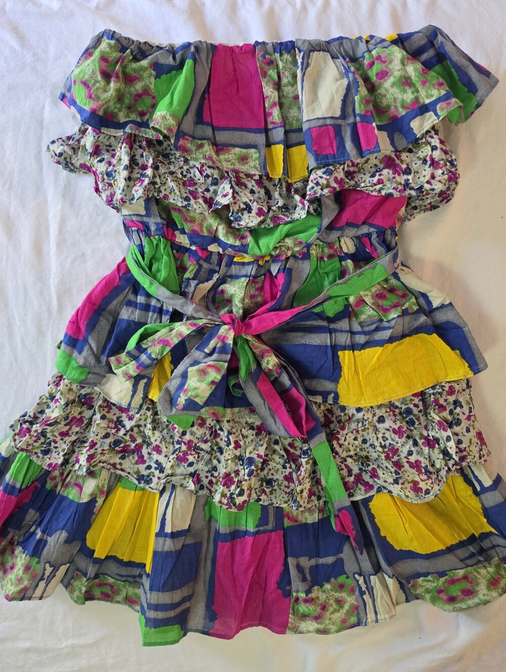 Poetry Clothing Y2K Patchwork Tiered Ruffle Strapless Mini Dress Medium Cotton